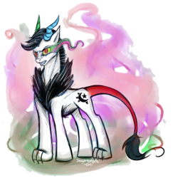 Size: 1024x1053 | Tagged: safe, artist:dragonfoxgirl, oc, oc only, oc:prince illusion, hybrid, kilalaverse, angry, dark magic, interspecies offspring, magic, offspring, parent:discord, parent:princess celestia, parents:dislestia, solo, sombra eyes