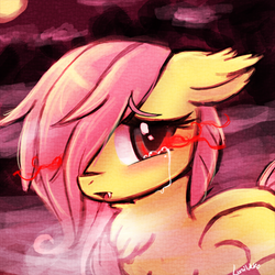 Size: 500x500 | Tagged: safe, artist:lumineko, fluttershy, pegasus, pony, g4, blushing, chest fluff, crying, cute, fangs, female, filly, floppy ears, flutterbat, glowing eyes, hair over one eye, hot springs, looking at you, messy mane, open mouth, sad, solo, steam, water, younger
