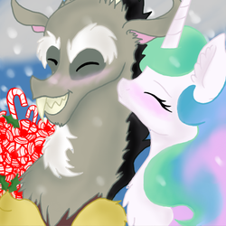 Size: 600x600 | Tagged: safe, artist:pigzfairy, discord, princess celestia, g4, blushing, bouquet, candy, candy cane, eyes closed, female, flower, fluffy, food, grin, lollipop, male, nuzzling, ship:dislestia, shipping, smiling, straight