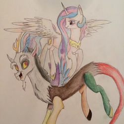 Size: 640x640 | Tagged: safe, artist:pigzfairy, discord, princess celestia, g4, female, male, ship:dislestia, shipping, straight, traditional art