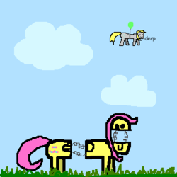 Size: 300x300 | Tagged: safe, artist:sandwich, derpy hooves, fluttershy, pegasus, pony, g4, 1000 hours in ms paint, balloon, female, mare, ms paint, quality, spring