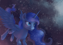 Size: 3508x2480 | Tagged: safe, artist:katyand, artist:sewingintherain, princess luna, alicorn, pony, g4, featured image, female, flying, high res, mare, missing accessory, night sky, sky, smiling, solo, spread wings