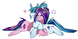 Size: 1024x513 | Tagged: safe, artist:hisshi shoujo, aria blaze, sonata dusk, earth pony, pony, equestria girls, g4, blush lines, blushing, cheek fluff, chin fluff, cuddling, duo, duo female, earth pony aria blaze, earth pony sonata dusk, emanata, equestria girls ponified, female, leg fluff, lesbian, lying down, mare, pixiv, ponified, prone, ship:arisona, shipping, shoulder fluff, simple background, speech bubble, spoken heart, sweat, sweatdrop, tsundaria, tsundere, white background