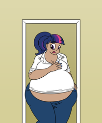 Size: 1250x1500 | Tagged: dead source, safe, artist:bigponiesinc, twilight sparkle, human, ask feedee twilight, g4, alternate hairstyle, bbw, belly, big belly, chubby, cleavage, dark skin, fat, female, hips, humanized, muffin top, nail polish, solo, thighlight sparkle, tight clothing, twilard sparkle, wide hips