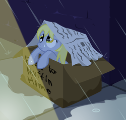 Size: 1577x1507 | Tagged: safe, artist:multiversecafe, derpy hooves, pegasus, pony, g4, abuse, cardboard box, derpybuse, derpygate, female, homeless, mare, newspaper, pony in a box, rain, sad, save derpy, solo