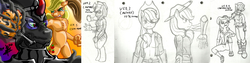 Size: 5906x1479 | Tagged: safe, artist:hosendamaru, artist:hosendamaruslust, applejack, king sombra, rainbow dash, anthro, g4, armpits, comparison, comparison chart, doodle, improving skills, paper, pencil drawing, sketch, traditional art