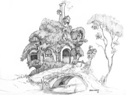 Size: 1200x904 | Tagged: safe, artist:baron engel, g4, fluttershy's cottage, monochrome, pencil drawing, scenery, sketch, traditional art