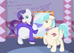 Size: 1280x924 | Tagged: safe, artist:theimmortalwolf, coco pommel, rarity, earth pony, pony, unicorn, g4, belly, big belly, butt, clothes, coco preggo, dialogue, dock, duo, duo female, female, floppy ears, hatbutt, large belly, mare, mirror, plot, preggity, pregnant, raised hoof