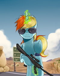 Size: 787x984 | Tagged: safe, artist:supermare, oc, oc only, oc:dickinson, alicorn, pony, alicorn oc, glasses, glowing horn, gun, hooves, horn, levitation, magic, male, optical sight, rifle, sniper rifle, solo, stallion, sunglasses, telekinesis, weapon, wings