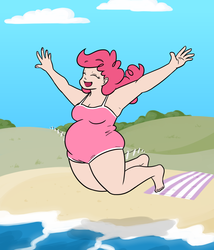 Size: 1280x1493 | Tagged: dead source, safe, artist:bigponiesinc, pinkie pie, human, ask feedee twilight, g4, armpits, bbw, beach, clothes, fat, female, happy, humanized, one-piece swimsuit, pudgy pie, swimsuit, water