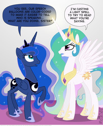 Size: 1200x1479 | Tagged: safe, artist:kturtle, princess celestia, princess luna, alicorn, pony, g4, dialogue, duo, duo female, female, folded wings, fourth wall, jewelry, magic, mare, meta, regalia, royal sisters, siblings, sisters, speech bubble, spread wings, wings