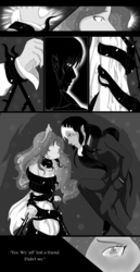 Size: 740x1430 | Tagged: safe, artist:gamblingfoxinahat, discord, princess celestia, human, g4, black vine, clothes, comic, dress, duo, grayscale, humanized, looking at each other, monochrome
