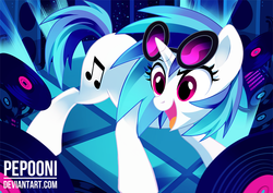 Size: 1036x732 | Tagged: safe, artist:pepooni, dj pon-3, vinyl scratch, pony, unicorn, g4, cute, cutie mark, dance floor, female, hooves, horn, mare, open mouth, record, solo, sunglasses, text, vinylbetes