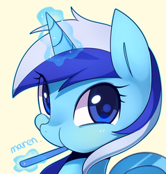 Size: 1723x1800 | Tagged: safe, artist:maren, minuette, pony, unicorn, g4, brushing teeth, commission, cute, female, levitation, looking at you, magic, mare, minubetes, signature, simple background, solo, sweet dreams fuel, toothbrush