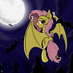 Size: 2048x2048 | Tagged: safe, artist:meirei, fluttershy, bat, g4, ear fluff, ear tufts, fangs, female, flutterbat, flying, full moon, high res, looking at you, looking back, looking back at you, mare, moon, night, pixiv, solo, tongue out