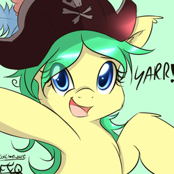 Size: 2000x2000 | Tagged: safe, artist:freefraq, oc, oc only, oc:chantie note, cute, fluffy, hat, high res, looking at you, open mouth, pirate, pirate hat, smiling, solo