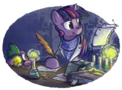 Size: 1000x740 | Tagged: safe, artist:onkelscrut, spike, twilight sparkle, g4, bauble, beaker, book, christmas, christmas ornament, clothes, erlenmeyer flask, levitation, pin, quill, science, sweater, test tube