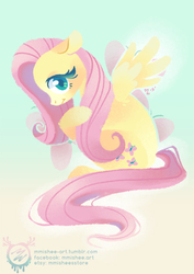 Size: 600x849 | Tagged: safe, artist:mmishee, fluttershy, pegasus, pony, g4, cutie mark, cutie mark background, female, floppy ears, hooves, lineless, mare, solo, spread wings, teeth, wings