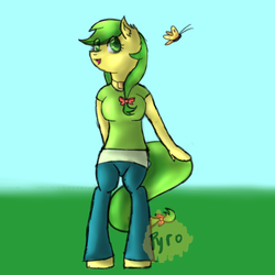 Size: 3500x3500 | Tagged: safe, artist:burningmyelectronics, apple fritter, butterfly, anthro, unguligrade anthro, g4, apple family member, breasts, ear fluff, female, field, high res, solo