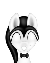 Size: 640x800 | Tagged: safe, artist:thepianistmare, oc, oc only, oc:klavinova, beauty mark, black hair, bowtie, cute, eyes closed, grin, portrait, simple background, smiling, squee, white background