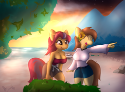Size: 1200x880 | Tagged: safe, artist:d-sixzey, oc, oc only, oc:berry slice, oc:floral blossom, anthro, anthro oc, beach, big breasts, breasts, cleavage, commission, duo, female, pointing, sunset