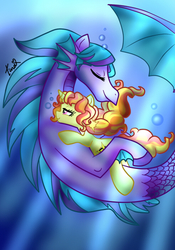 Size: 490x700 | Tagged: safe, artist:tinacrazy29, oc, oc only, oc:allegro shine, oc:senza glare, hippocampus, merpony, siren, duo, magical lesbian spawn, offspring, parent:adagio dazzle, parent:aria blaze, parent:sonata dusk, parent:sunset shimmer, parents:arisona, parents:sunsagio, underwater