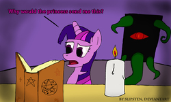 Size: 992x595 | Tagged: safe, artist:slipsten, twilight sparkle, pony, g4, female, necronomicon, solo