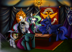 Size: 1618x1180 | Tagged: safe, artist:longinius, princess celestia, princess luna, oc, oc:rosette, oc:zira, alicorn, bat pony, pony, zebra, g4, butt, commission, map, plot