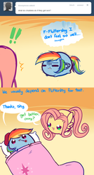 Size: 669x1250 | Tagged: safe, artist:pekou, fluttershy, rainbow dash, pegasus, pony, ask my little chubbies, g4, ask, backwards thermometer, bed, chubbie, comic, cute, dashabetes, duo, duo female, female, mare, shyabetes, thermometer, tumblr