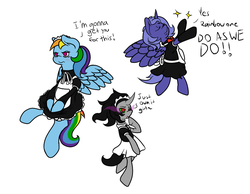 Size: 946x735 | Tagged: safe, artist:thepiplup, king sombra, princess luna, rainbow dash, alicorn, pegasus, pony, unicorn, g4, adorkable, bipedal, blushing, clothes, crossdressing, cute, doodle, dork, dress, eyes closed, frown, glare, maid, s1 luna, simple background, socks, sparkles, spread wings, unamused, white background