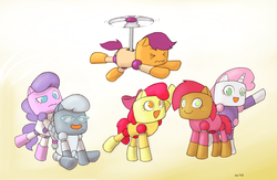 Size: 2000x1300 | Tagged: safe, artist:i am nude, apple bloom, babs seed, diamond tiara, scootaloo, silver spoon, sweetie belle, pony, robot, robot pony, g4, crossover, cutie mark crusaders, happy, mega man (series), megaman legends, propeller, servbot, sweetie bot