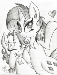 Size: 1685x2202 | Tagged: safe, artist:daisy-dictator, rarity, sweetie belle, pony, g4, bipedal, monochrome, sketch, traditional art