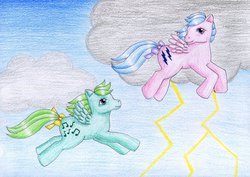 Size: 1024x726 | Tagged: safe, artist:normaleeinsane, firefly, medley, g1, cloud, cloudy, flying, lightning, traditional art