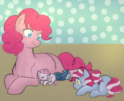 Size: 990x807 | Tagged: safe, artist:kianamai, artist:mrs89fluffy, color edit, edit, pinkie pie, oc, oc:cloudy skies, oc:cotton candy, oc:sugar rush, kilalaverse, g4, colored, female, filly, foal, mother and daughter, newborn, next generation, offspring, parent:pinkie pie, parent:pokey pierce, parents:pokeypie, sisters