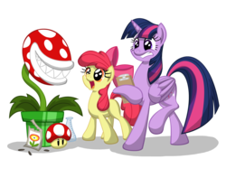 Size: 5700x4500 | Tagged: safe, artist:template93, apple bloom, twilight sparkle, alicorn, pony, g4, absurd resolution, contest, crossover, female, fire flower, frown, grin, gritted teeth, imminent vore, mare, open mouth, piranha plant, power-up, raised leg, smiling, super mario bros., super mushroom, this will end in pain, twilight sparkle (alicorn), welovefine