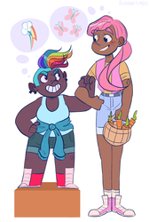 Size: 1280x1904 | Tagged: safe, artist:joyribbon, fluttershy, rainbow dash, human, g4, converse, dark skin, humanized, undercut