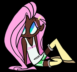 Size: 691x644 | Tagged: safe, artist:softsalami, fluttershy, human, g4, cleavage, dark skin, female, humanized, solo