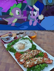 Size: 4305x5656 | Tagged: safe, spike, twilight sparkle, alicorn, lobster, pony, g4, absurd resolution, book, brandy (drink), comedy routine in the comments, comic book meme, cookbook, defictionalization, egg (food), female, food, mare, monty python, monty python's flying circus, spam, spike's comic, twilight sparkle (alicorn)
