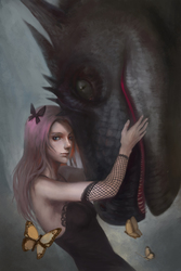 Size: 2400x3600 | Tagged: safe, artist:tiger-type, fluttershy, butterfly, dragon, human, g4, badass, high res, humanized