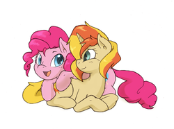 Size: 941x699 | Tagged: safe, artist:i am nude, pinkie pie, sunset shimmer, earth pony, pony, unicorn, g4, cuddling, cute, snuggling