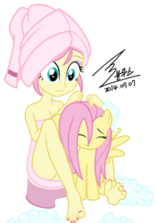 Size: 1200x1709 | Tagged: safe, artist:bluse, edit, fluttershy, human, pegasus, pony, equestria girls, g4, background removed, barefoot, bubble, cleavage, feet, female, human ponidox, naked towel, self ponidox, show accurate, signature, simple background, soles, toenails, toes, towel, towel on head, washing, wet mane, white background