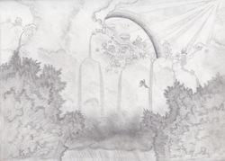 Size: 3507x2505 | Tagged: safe, pegasus, pony, cloudsdale, high res, monochrome, scenery, traditional art