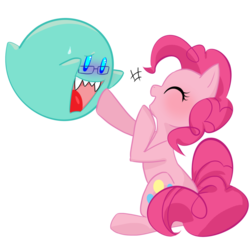 Size: 900x900 | Tagged: safe, artist:bigbuxart, pinkie pie, earth pony, ghost, pony, g4, blushing, boo (super mario), crossover, cute, eyes closed, female, laughing, mare, open mouth, simple background, smiling, super mario bros., sweatdrop, transparent background