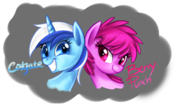 Size: 698x425 | Tagged: safe, artist:mn27, berry punch, berryshine, minuette, earth pony, pony, unicorn, g4, female, grin, leaning, lesbian, mare, ship:berrygate, shipping, smiling