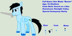 Size: 1646x830 | Tagged: safe, artist:starbladebuster, oc, oc only, oc:star blade, pegasus, pony, quality, reference sheet, solo, sword, text