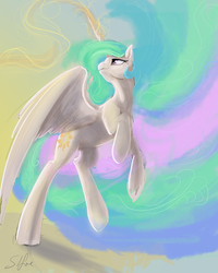 Size: 4500x5625 | Tagged: safe, artist:silfoe, princess celestia, alicorn, pony, royal sketchbook, g4, absurd resolution, ethereal mane, female, flying, magic, mare, raised hoof, solo