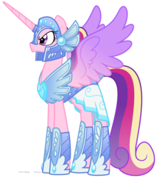 Size: 720x808 | Tagged: safe, artist:faith-wolff, princess cadance, alicorn, pony, fanfic:the bridge, g4, armor, colored wings, concave belly, crystal guard armor, female, frown, furrowed brow, gradient wings, helmet, horn, long horn, long legs, long tail, mare, peytral, quadrupedal, side view, simple background, slender, solo, spread wings, standing, tail, tall, thin, transparent background, warrior cadance, wings