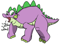 Size: 745x550 | Tagged: safe, artist:varemia, spike, dinosaur, stegosaurus, g4, crossover, dinosaurified, don bluth, male, namesake, open mouth, pun, solo, species swap, spike (the land before time), the land before time