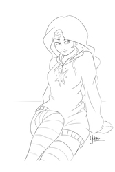 Size: 675x1013 | Tagged: safe, artist:yokal5, sunset shimmer, equestria girls, g4, bed, clothes, female, hoodie, humanized, monochrome, socks, solo, striped socks