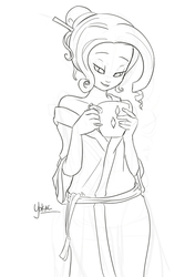 Size: 675x1013 | Tagged: safe, artist:yokal5, rarity, human, g4, alternate hairstyle, bathrobe, clothes, female, humanized, monochrome, mug, nightgown, solo